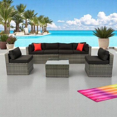Mshliw 5-Piece PE Rattan Sectional Outdoor Furniture Set, Cushioned U-Sofa with 2 Pillows, Wicker & Cushions for Patio, Backyard, or Balcony