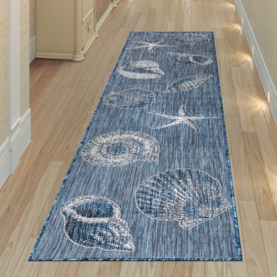 Navy and White Flat Woven Synthetic Coastal Runner Rug