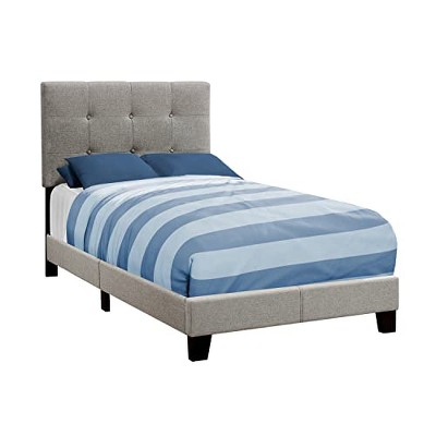 Monarch Specialties Bed, Twin Size, Upholstered, Bedroom, Frame Only, Youth, Teen, Juvenile, Grey Linen Look, Transitional