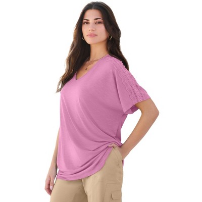 Roaman's Women's Plus Size Lace Trimmed Textured Tee