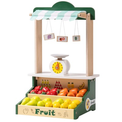 ROBOTIME Fruit Stall Pretend Play Food Sets Toys,Wooden 24 PCS Fruit with Grocery Store, Multicolored, 11.68"*9.1"*18.5"