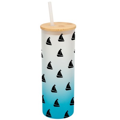Elanze Designs Nautical Sailboat Ocean Sea Life Wrap-Around Design 25 Ounce Frosted Gradient Glass On-The-Go Coffee Travel Skinny Tumbler Mug Cup,