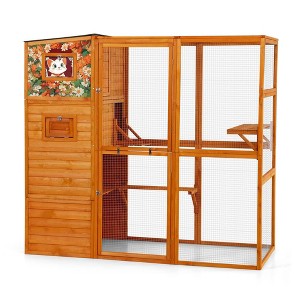 Resenkos Tall 70" Outdoor Cat Catio, 4-Level Windowed Cat Enclosure, Weatherproof Roof, 2 Cozy Rooms, 2 Platforms, Orange With Colorful Patterns - 1 of 4