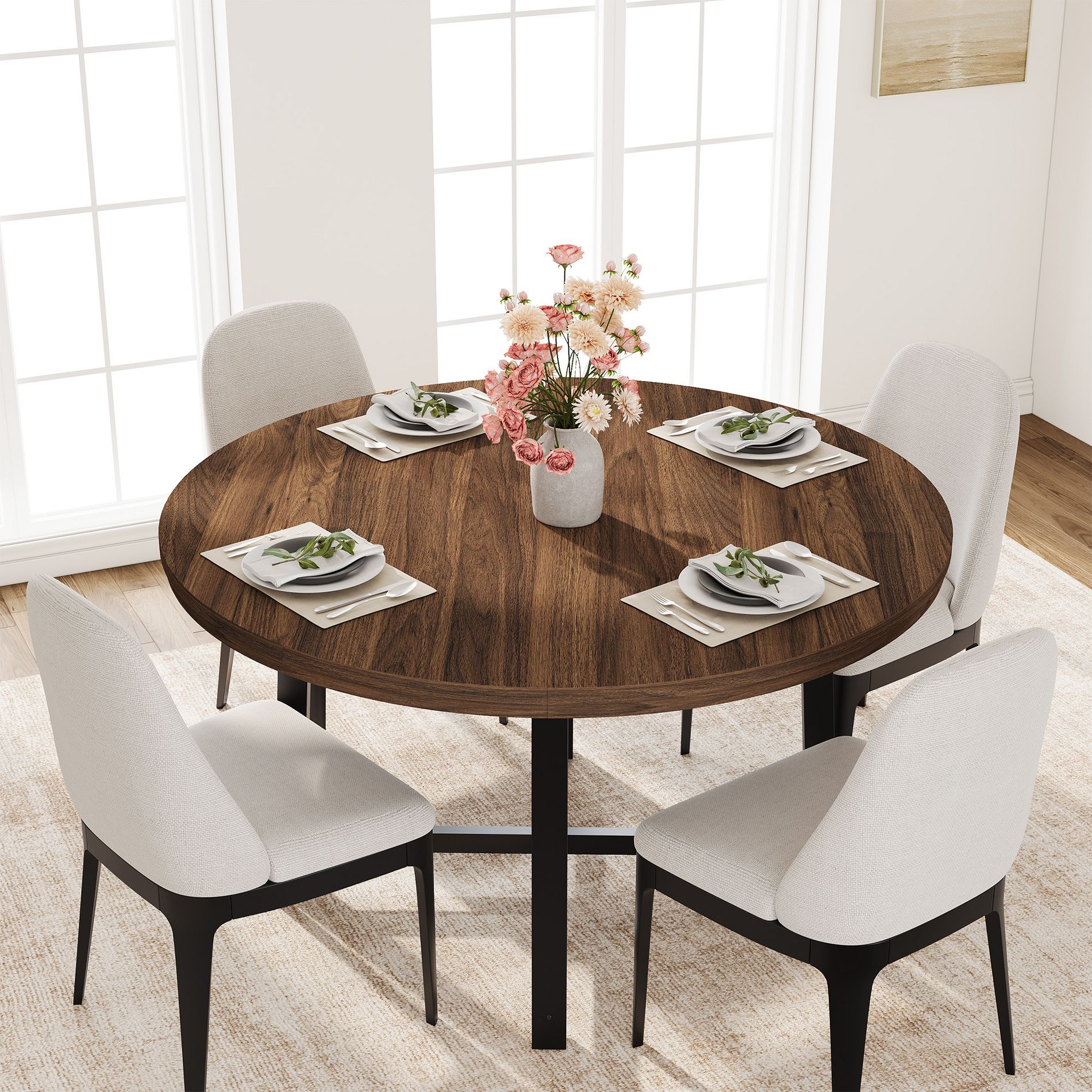 47" Round Industrial Dinner Table for 4 to 6, Circle Wooden Kitchen Table with Sturdy Metal Frame & Rustic Brown Finish for Dining Room, Kitchen