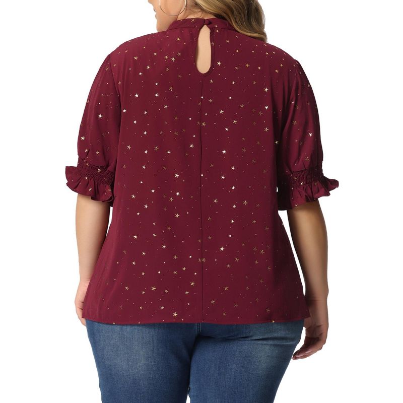 Agnes Orinda Women's Plus Size Bling Pleated Keyhole Back Star Print Puff Sleeve Blouses, 4 of 6