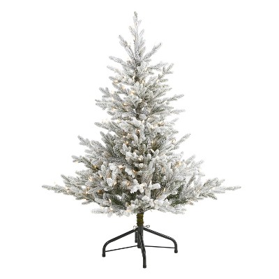 4ft. Flocked Fir Artificial Christmas Tree with 300 Warm White Lights and 967 Branches – Compact Snowy X-Mas Tree