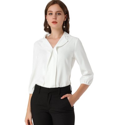 Allegra K Women's V Neck 3/4 Sleeves Collared Work Office Top Blouse