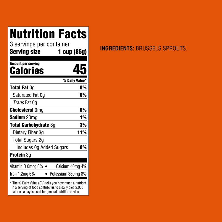 Nutrition label for Brussels sprouts showing 45 calories per 1 cup serving, with details on fat, cholesterol, sodium, carbohydrates, sugars, protein, vitamins, calcium, iron, and potassium.