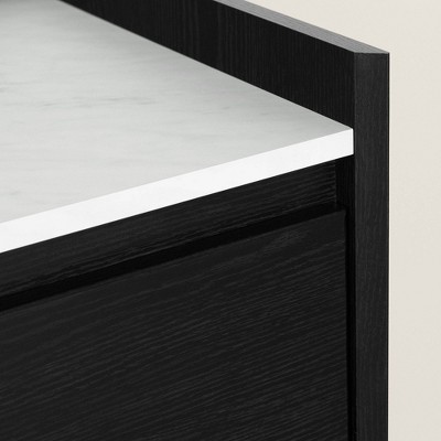Black Oak and Faux Carrara Marble 2-Drawer Nightstand with Brass Legs