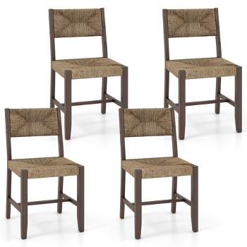 Tangkula Wooden Dining Chair Set of 4 w/ Natural Weave Seagrass Rattan Backrest & Seat