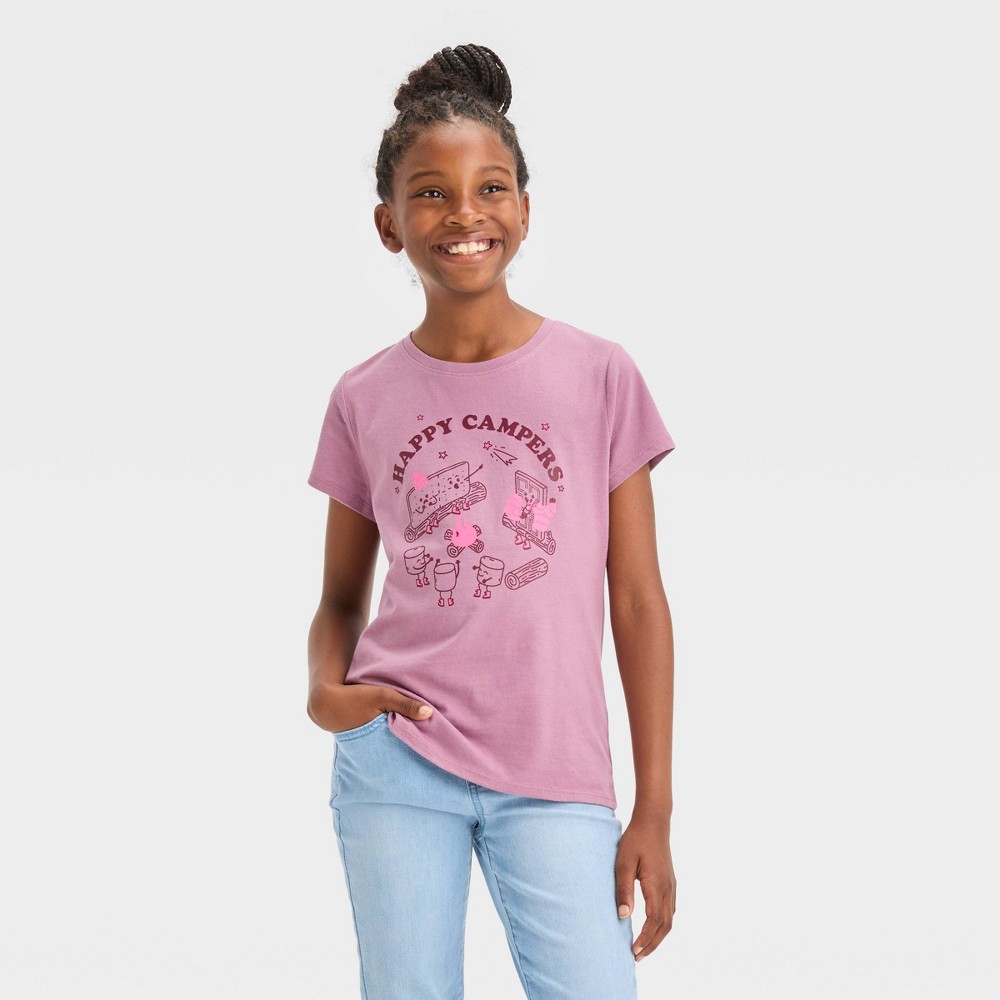 Girls' Short Sleeve 'Happy Campers' Graphic T-Shirt - Cat & Jack™ Plum Purple Sizes  XS-S-M-L 