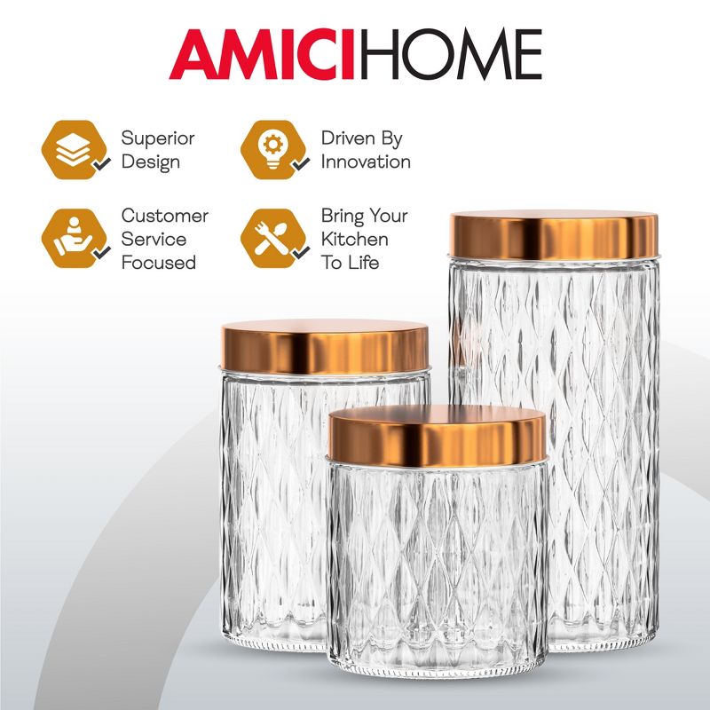Amici Home Desmond Glass Container Storage Jar Set of 3, Metal Lid For Kitchen & Pantry Dry Food Storage, Clear with Copper Lid,32-48 & 60 oz., 2 of 8