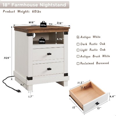 Nightstand with Charging Station, 2 Drawers Night Stand, 18 Inch Farmhouse Side Table with Storage, Bedside Tables, Thicken Base
