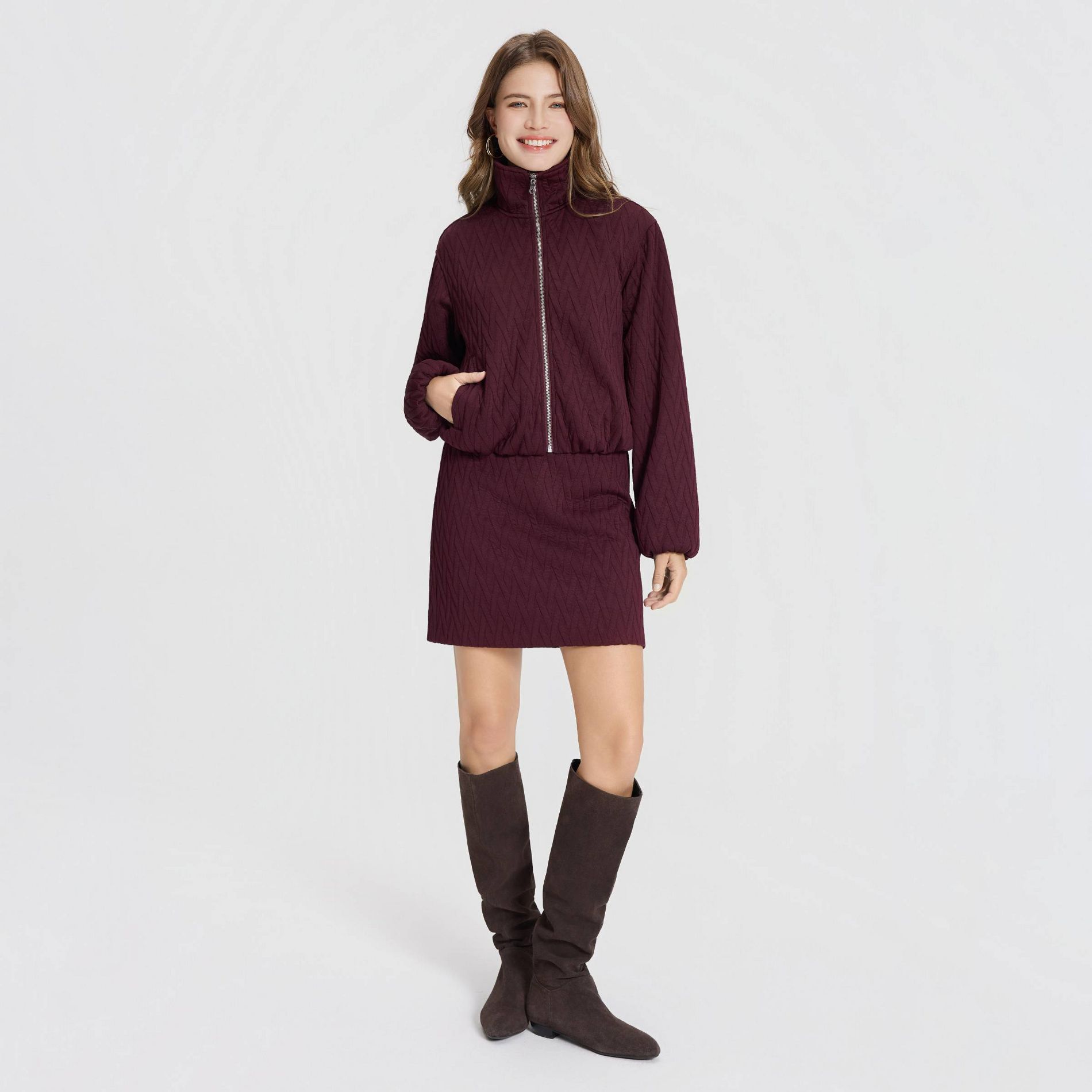 Women's Quilted Funnel Neck Bomber Jacket - A New Day™ Burgundy M