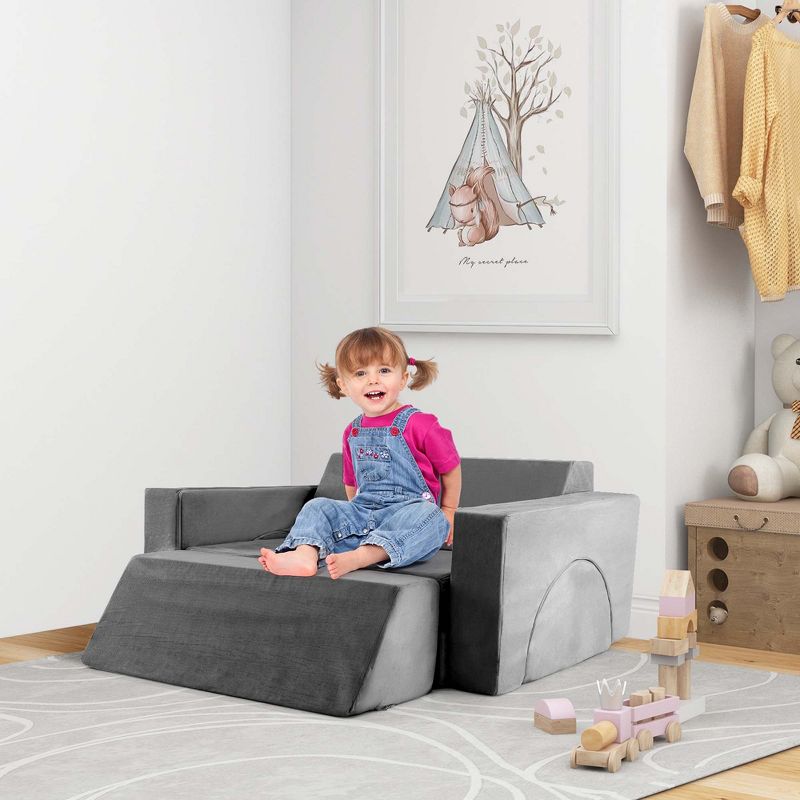 Costway Kids Modular Play Sofa 8 PCS with Detachable Cover for Playroom & Bedroom Indoor Pink/Grey, 2 of 11