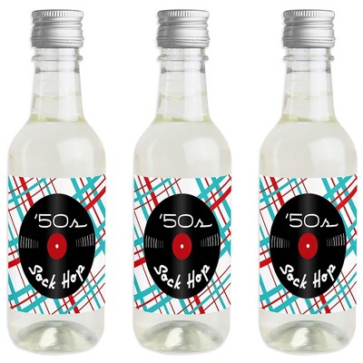 Big Dot of Happiness 50's Sock Hop - Mini Wine and Champagne Bottle Label Stickers - 1950s Rock N Roll Party Favor Gift for Women and Men - Set of 16