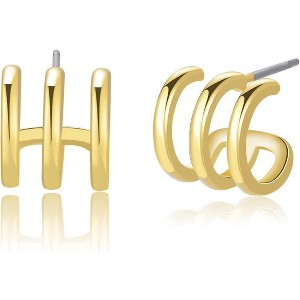 14K Gold Plated Triple Huggie Illusion Stud Earrings | Double Huggie Hoop Earrings for One Hole | Gold Hoop Earrings for Women - 1 of 4