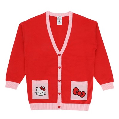 Hello Kitty Character Face & Bow Women’s Red Long Sleeve Cardigan Sweater