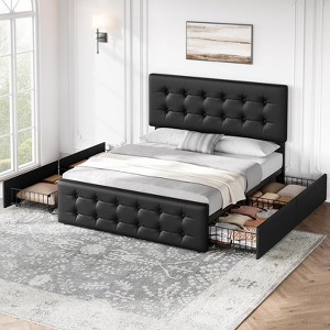 Full/Queen/King Bed Frame with 4 Drawers & Adjustable Headboard, Faux Leather Upholstered Mattress Foundation, Button Tufted Design - 1 of 4