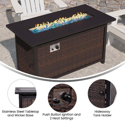 Black and Espresso Wicker Gas Fire Pit Table with Steel Top