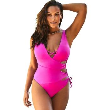 Swim 365 Women's Plus Size Zip-front One-piece With Tummy Control - 20,  Pink : Target