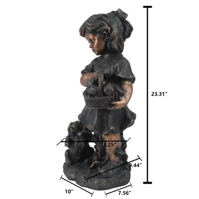 Bronze Girl Holding Basket of Kittens with Puppy Garden Statue