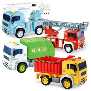 Joyfy 4 Pack Friction Powered City Vehicles - Garbage Truck, Fire Engine, Boom Lift and Construction Dump Truck, Truck Toys for 3 4 5 6 Year Old Boys - 1 of 4