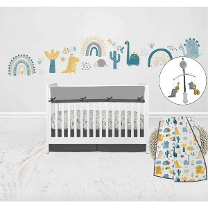 Bacati - Little Dino Boys Teal/Yellow Muslin 6 pc Crib Bedding Set with Crib Musical Mobile - 1 of 4
