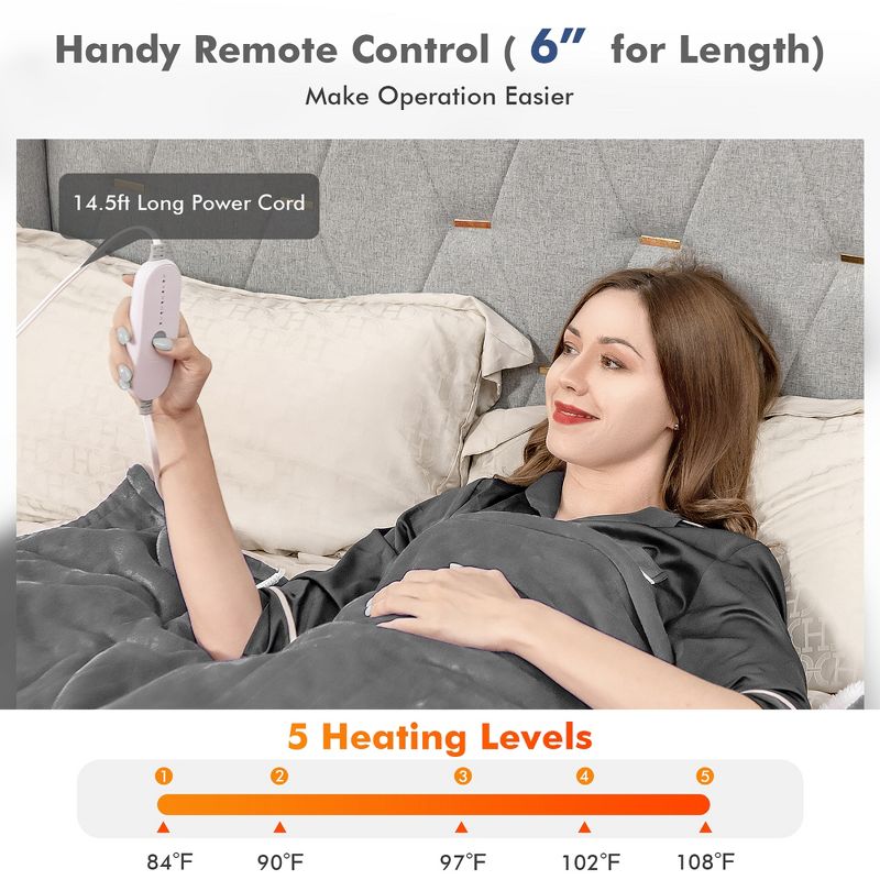 Tangkula 84" x 62" Twin Size Electric Heated Blanket, 5 Heating Levels, 10 Hours Auto Off, Cozy Flannel & Fabric, Overheat Protection Gray, 4 of 11