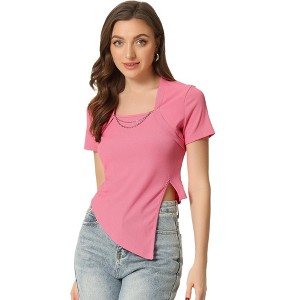 Allegra K Women's Short Sleeve Square Neck Casual Asymmetrical Split Hem T-Shirt - 1 of 4