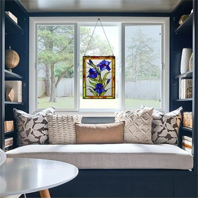 Blue and Red Floral Stained Glass Window Panel