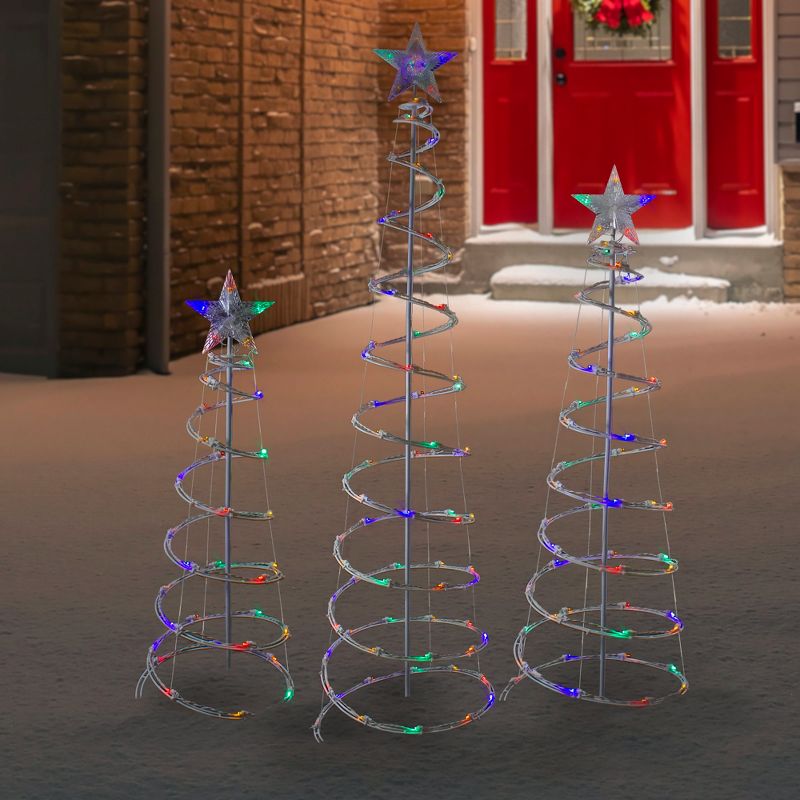 Northlight Set of 3 LED Lighted Multi-Color Outdoor Spiral Christmas Cone Trees 3', 4', and 6', 2 of 5