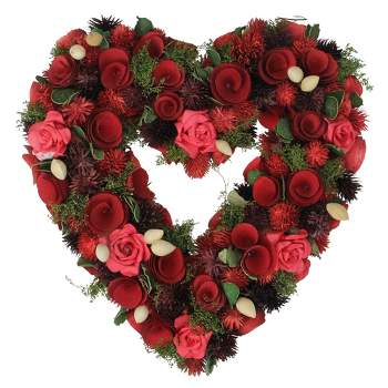 Northlight Red Wooden Rose and Botanicals Valentine's Day Heart Wreath, 13.75-Inch, Unlit