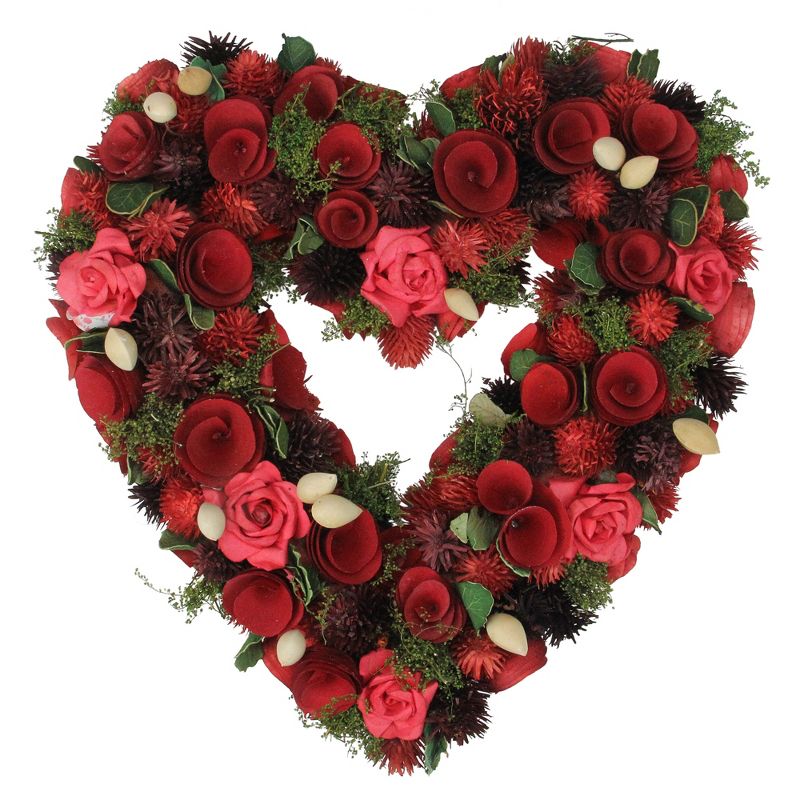 Northlight Red Wooden Rose and Botanicals Valentine's Day Heart Wreath, 13.75-Inch, Unlit, 1 of 4