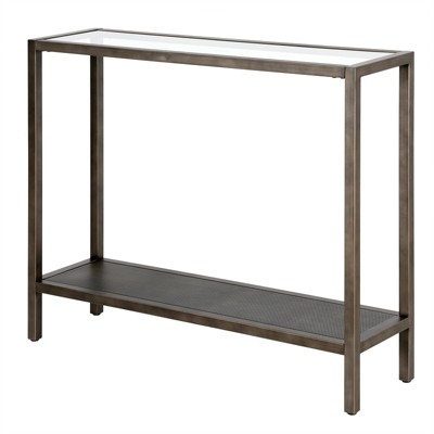 36" Aged Steel and Glass Industrial Hallway Table with Mesh Shelf
