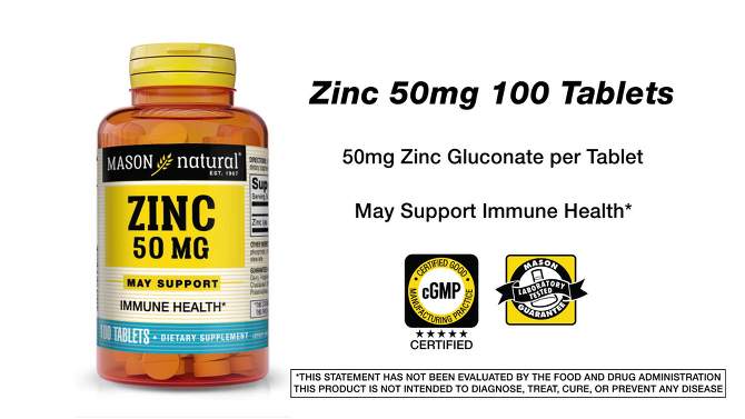 Mason Natural Zinc 50mg Dietary Supplement - 100ct, 2 of 6, play video