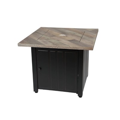 Black and Gray Steel Gas Fire Pit Table with Faux Wood Mantel