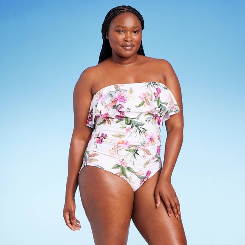 Women's Bandeau Flounce Front Ruched Full Coverage One Piece Swimsuit -  Kona Sol™ Cream : Target