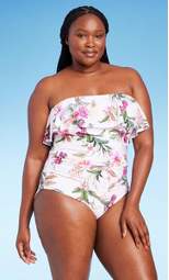 Women's Bandeau Flounce Front Ruched Full Coverage One Piece Swimsuit - Kona Sol™ Cream