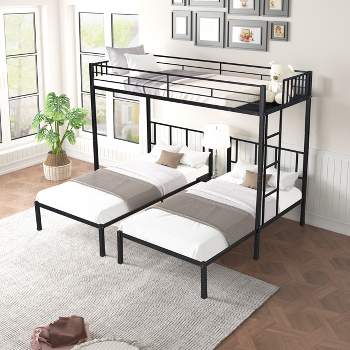 Full And Twin Size L-shaped Metal Bunk Bed With Slide And Ladder, Black ...