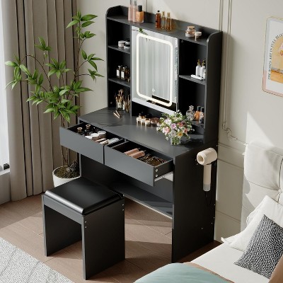 Vanity Desk with Mirror & Lights, Adjustable 3 Color Modes, Padded Stool, Hidden Storage Shelves, USB Outlets & Hairdryer Holder, Bedroom