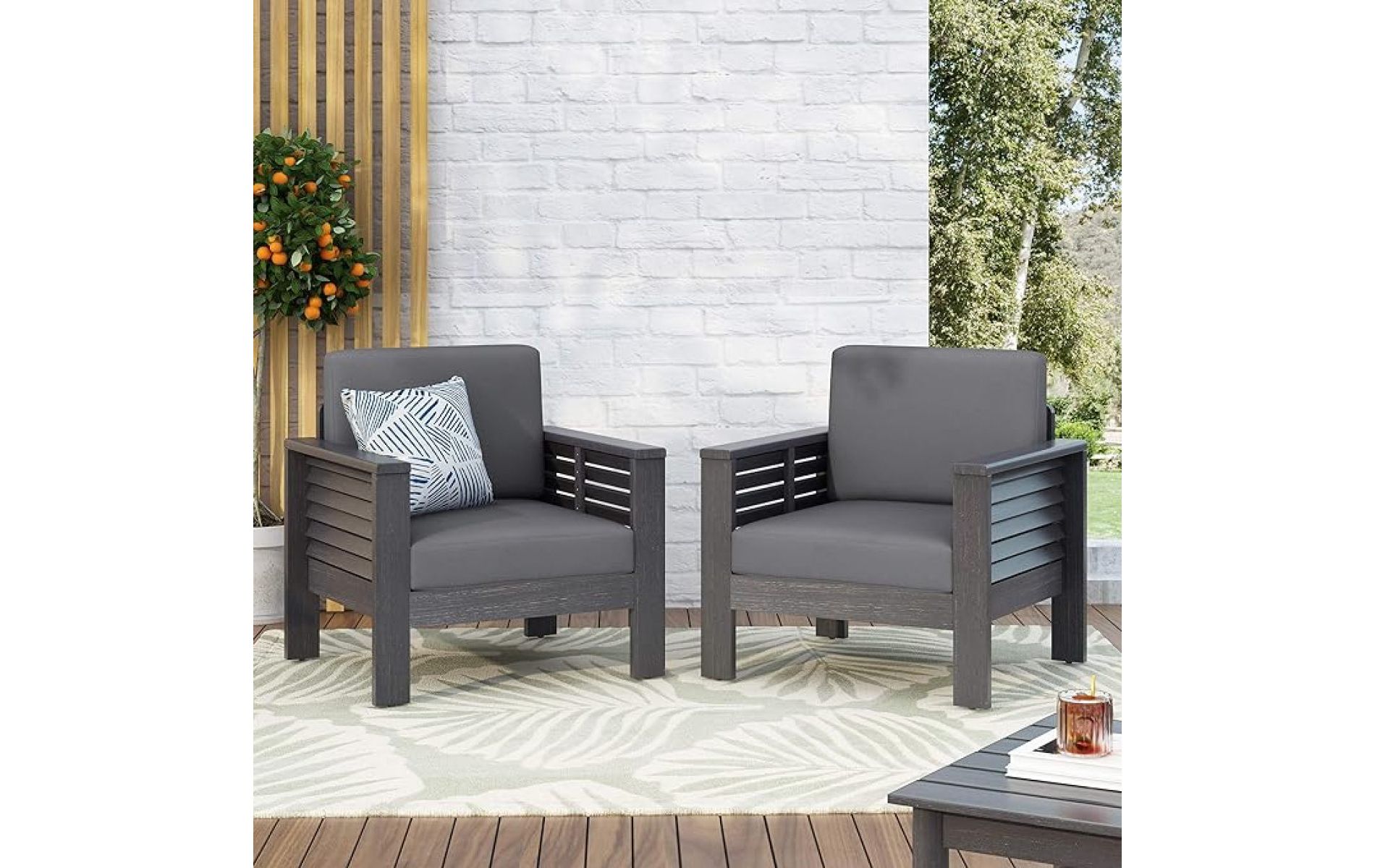 Set of 2 Acacia Wood Outdoor Club Chair with Gray Water-Resistant Cushion, Slatted Back Patio Armchair for Porch or Deck-Baofuwish