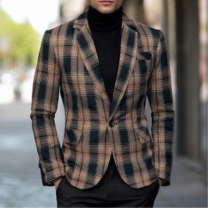 Men's Retro Checkered Single-Button Blazer, Peak Lapel Long Sleeve Suit Jacket - 1 of 4