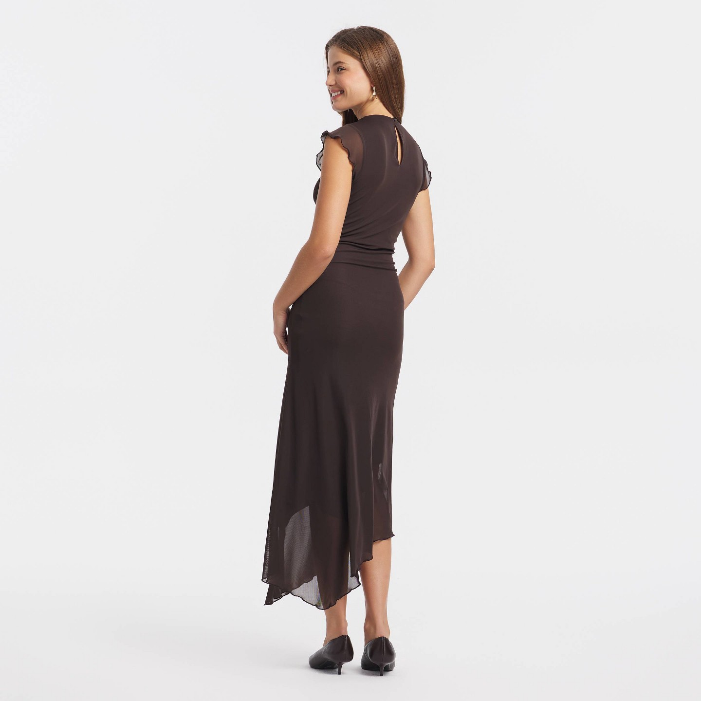 Женское платье A New Day Ruffle Cap Sleeve Ruched Mesh Asymmetrical Midi, цвет: Тёмный коричневый — фото 2