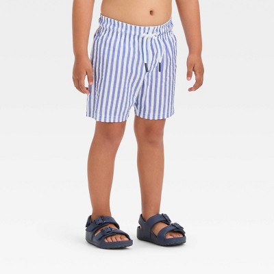 Image of Baby Boys' Striped Seersucker Swim Shorts - Cat & Jack™ Blue 12M: Toddler Swim Trunks, Cotton Blend, Mesh Liner