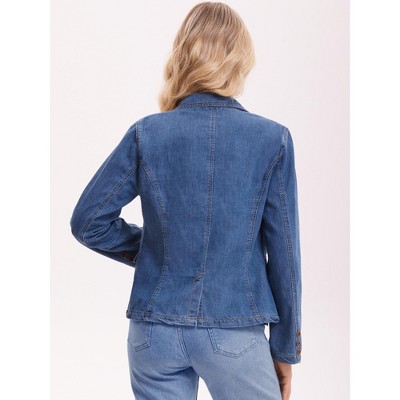 INSPIRE CHIC Women's Notched Lapel Collar Long Sleeve Button Back Slit Fitted Denim Jacket X-Large Blue — фото 3