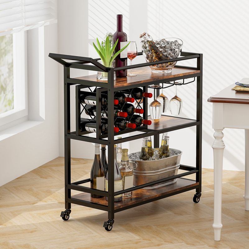 Tangkula 3-Tier Bar Cart Wheels Rolling Serving Cart with Wine Rack and Glass Holder Industrial Storage for Kitchen Dining Room Rustic Brown/Brown, 3 of 10