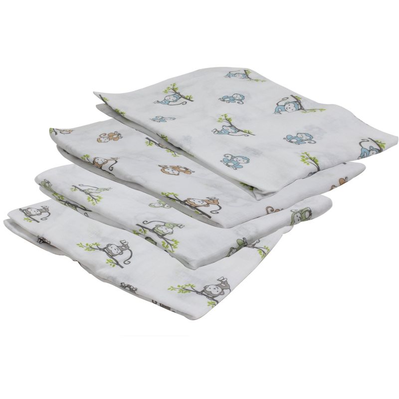 Bacati - Happy Monkeys Blue/Green/Gray Boys Muslin Swaddling Blankets set of 4, 4 of 6