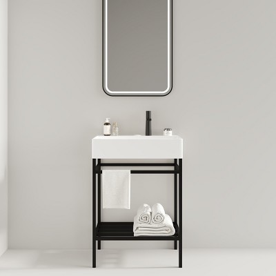 Bathroom Floor Cabinet,Bathroom Vanity With Ceramic Basin And Open Metal Leg And Storage Shelf,Freestanding Bathroom Furniture-Cuddlewood