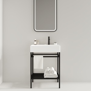 Bathroom Floor Cabinet,Bathroom Vanity With Ceramic Basin And Open Metal Leg And Storage Shelf,Freestanding Bathroom Furniture-Cuddlewood - 1 of 4